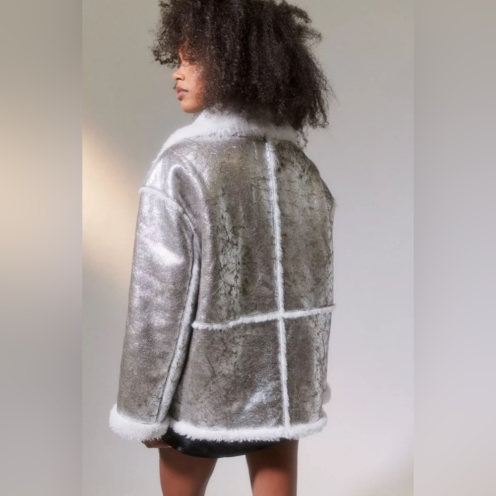 Silver Faux-Shearling Jacket with White Trim - Picture 2 of 7